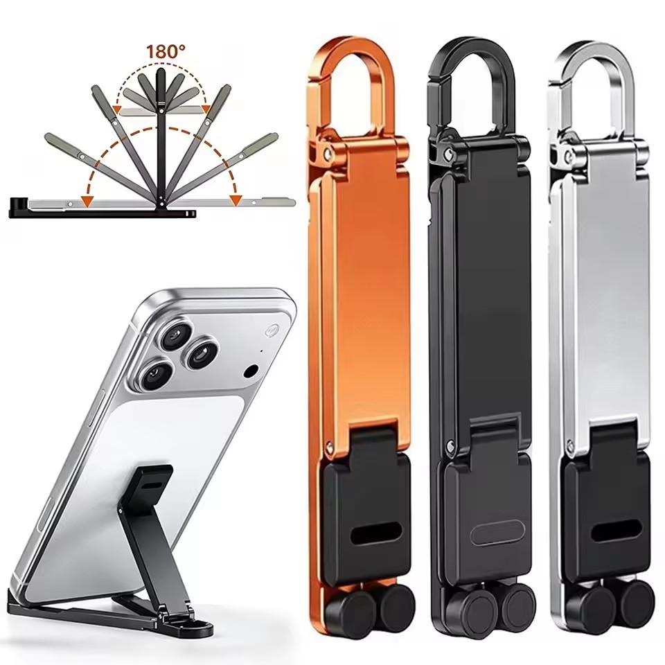Phone Accessories Keychain - ミニキーチェーン折りたたみ式携帯電話背面クリップスタンド、ポータブル調整可能モバイルフォンホルダー、ポケットサイズの軽量薄型キックスタンド、旅行やデスク用