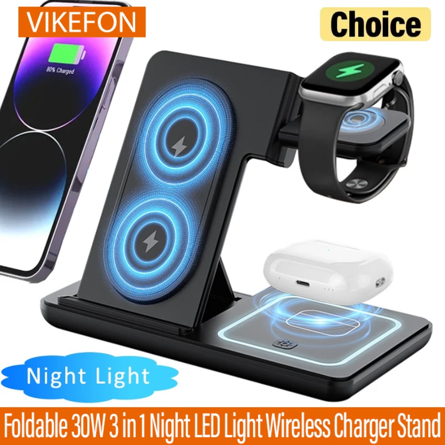 Phone Cooling Fan - 3in1折りたたみ式ナイトLEDライトワイヤレス充電スタンド iPhone Samsung Apple Watch 2-8