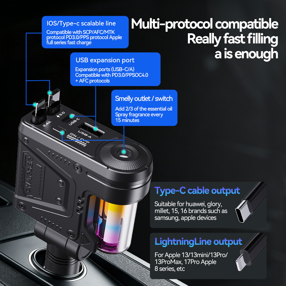 5 in 1 車載充電器、66W 超高速充電、格納式Type - Phone Accessories Charger のレビューと価格